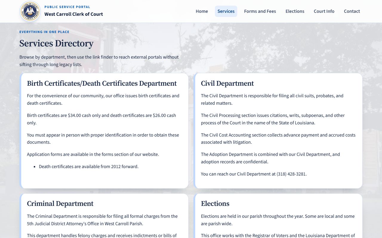 West Carroll Parish Clerk of Court services directory