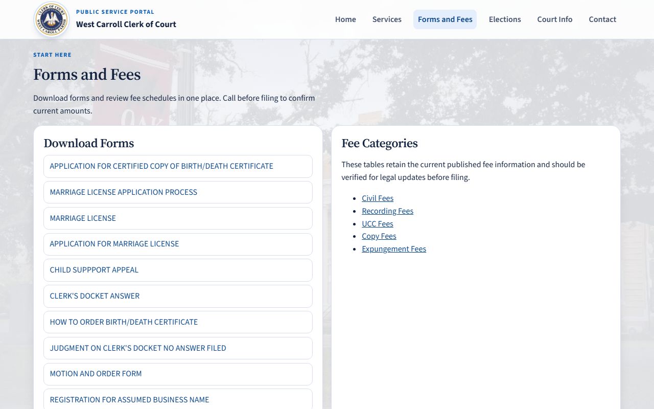 West Carroll Parish Clerk of Court forms and fees page