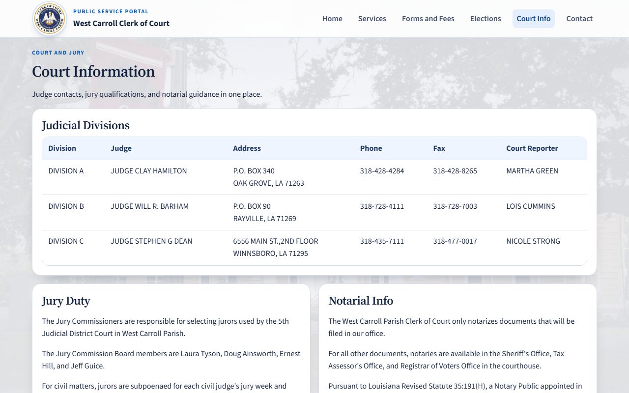 West Carroll Parish Clerk of Court court information page