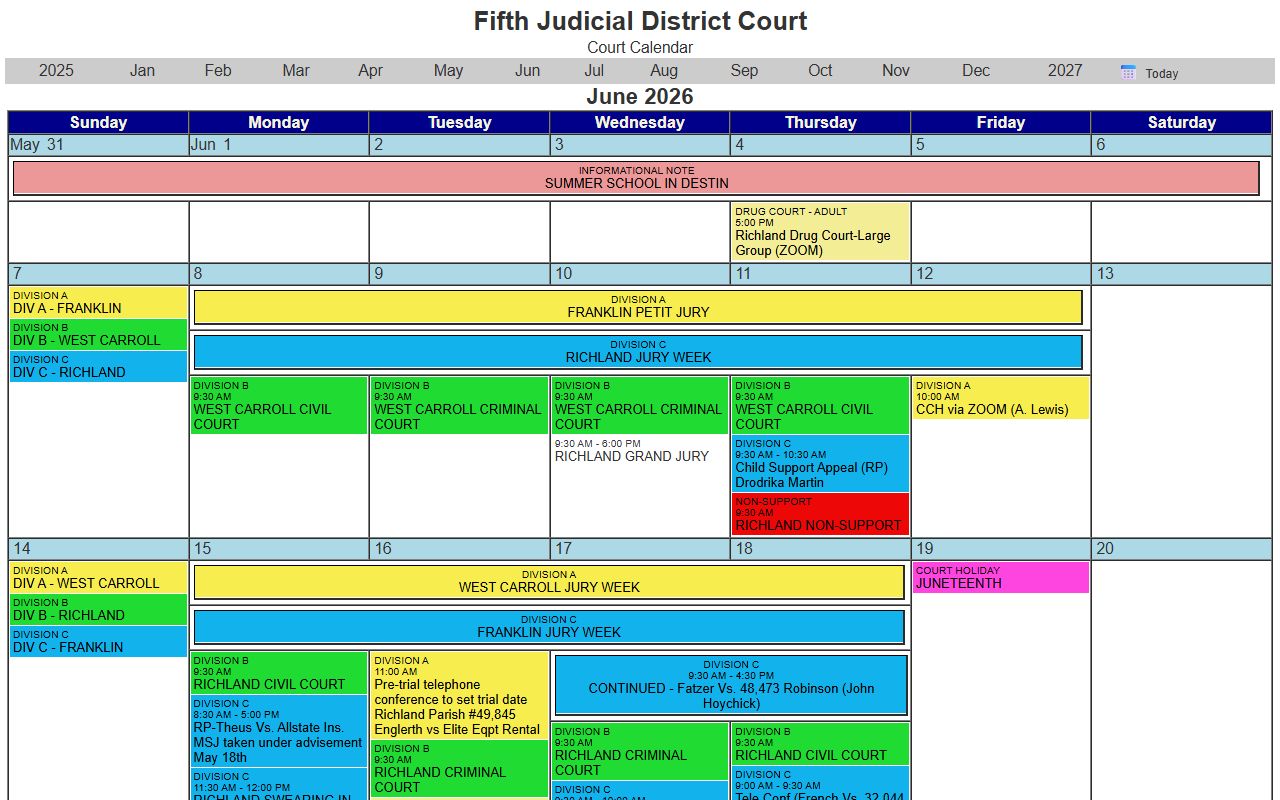West Carroll Parish court dockets Fifth Judicial District calendar