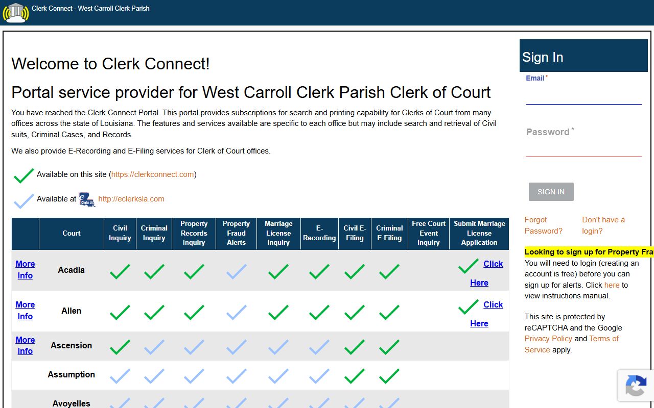 West Carroll Parish court records ClerkConnect recorded records search