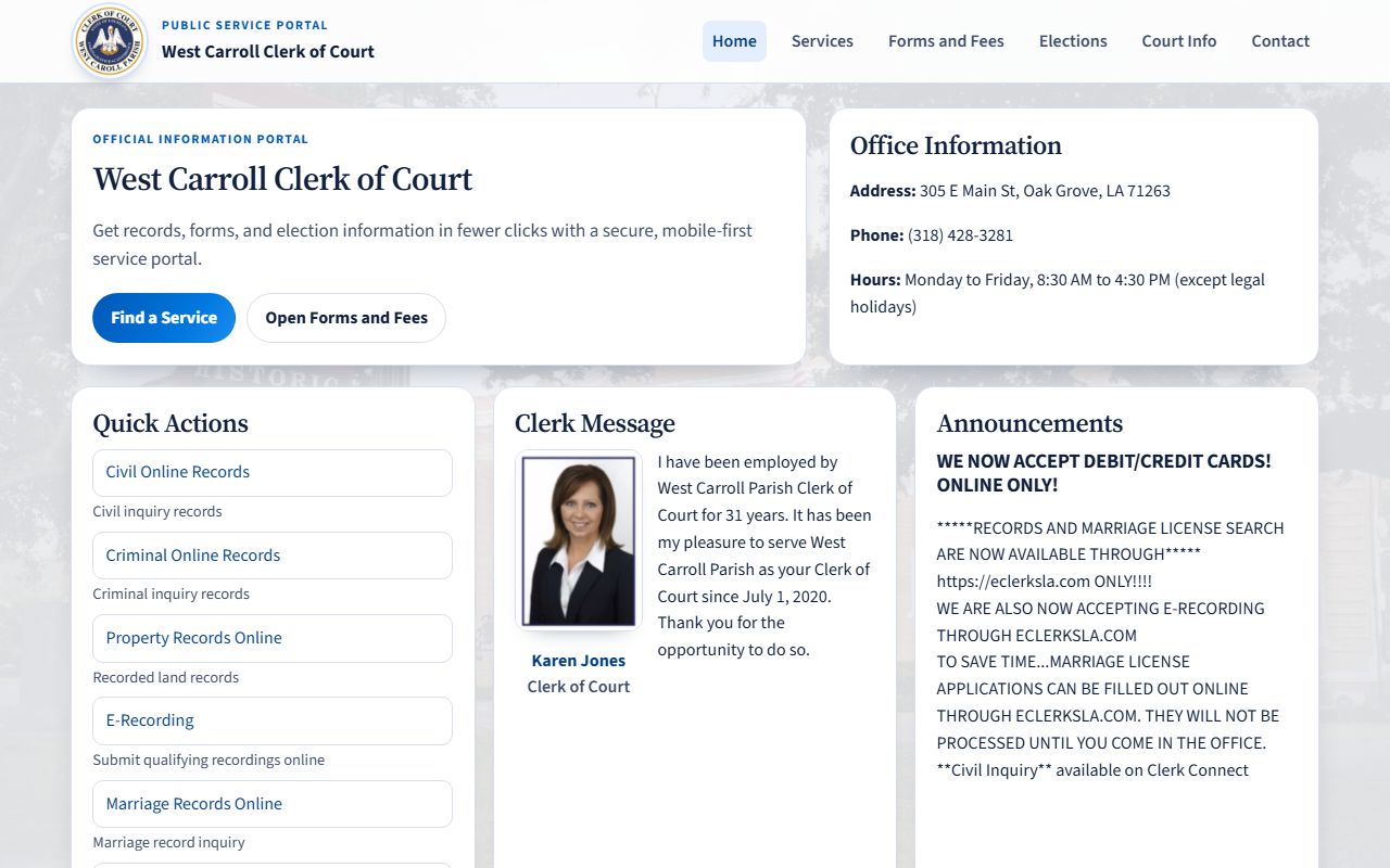 West Carroll Parish court records Clerk homepage