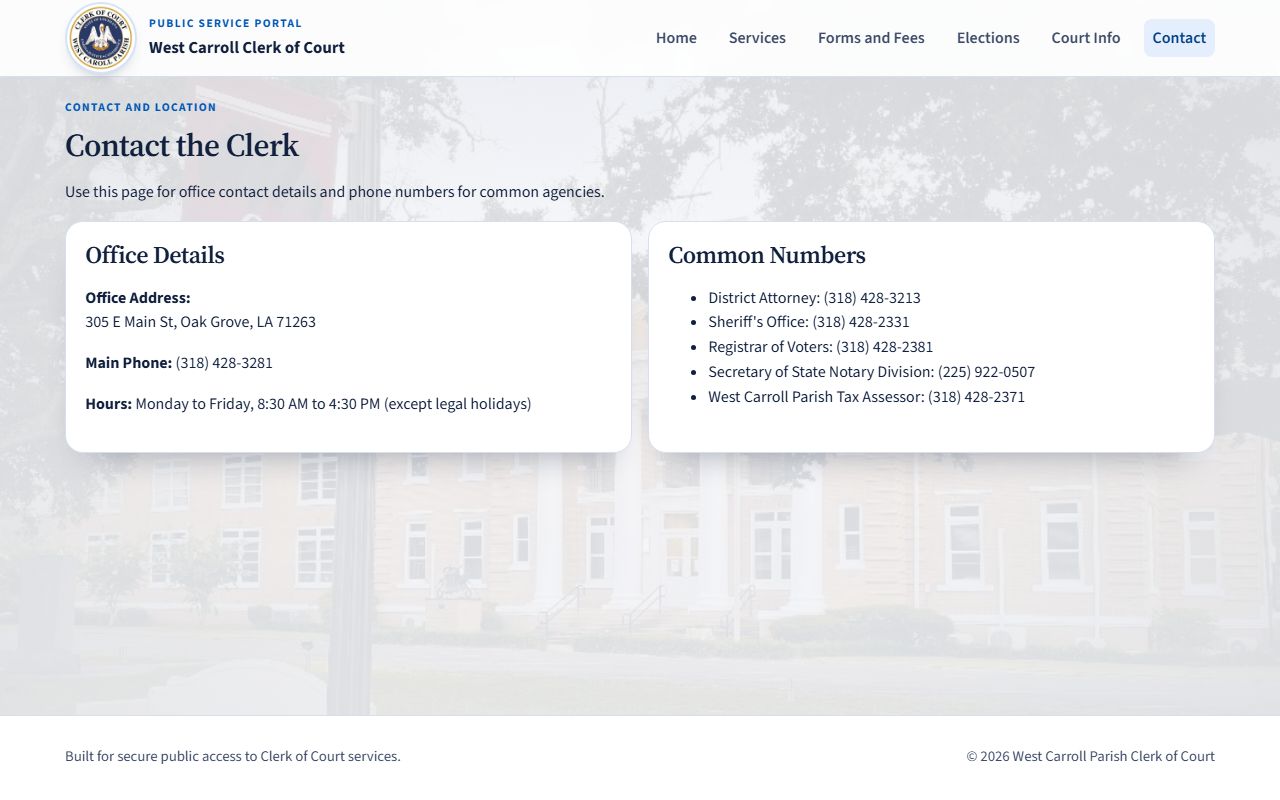 West Carroll Parish court records Clerk contact details